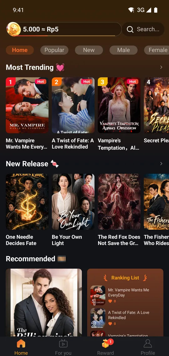 CoinReels home tab showing Most Trending and New Release drama covers plus a ranking list