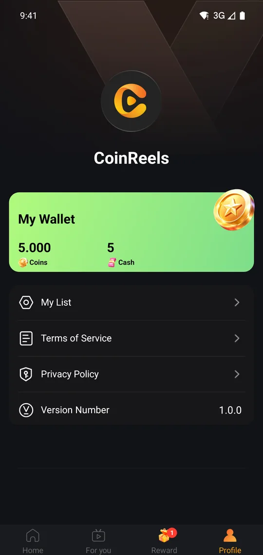 CoinReels profile tab showing the coin wallet with coin and cash balance