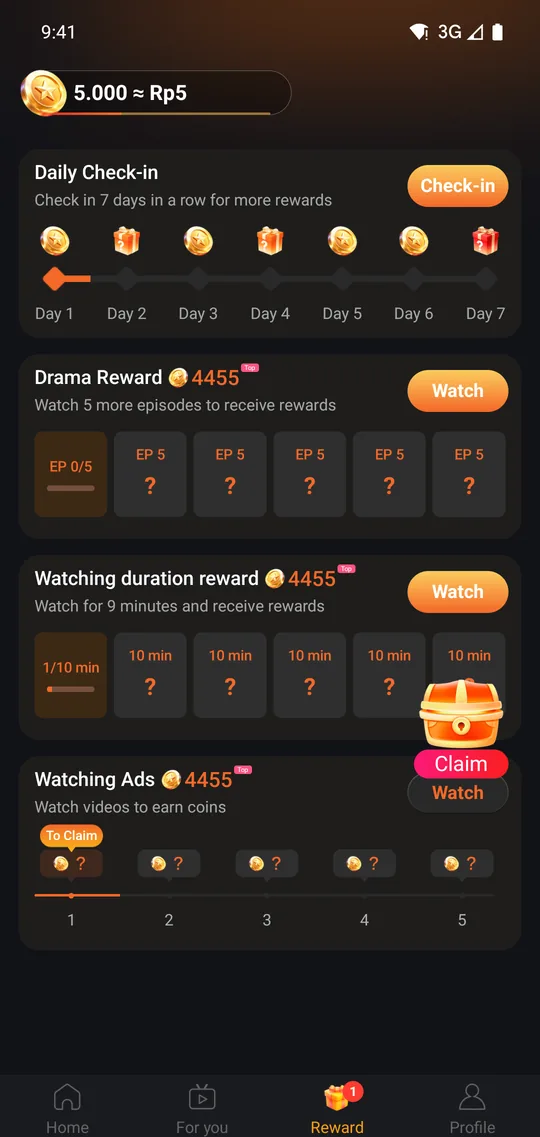 CoinReels reward tab with daily check-in streak, episode tasks and watch-duration tasks